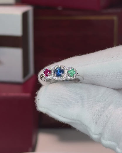 14k White Gold Three Colorstone Halo Diamond Ring