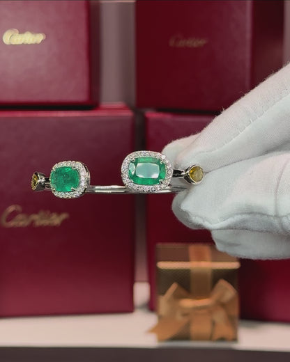 14k White Gold Emerald Halo Open Cuff Bangle