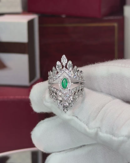 14k White Gold Marquise Emerald and Diamond Ring