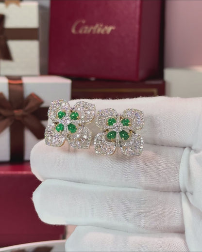 Diamond and Emerald Flower 14k Yellow Gold Earrings