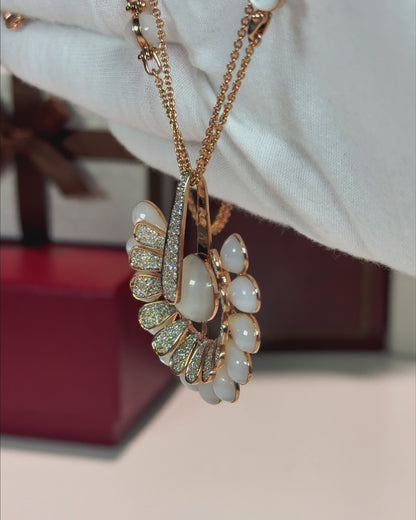 Peacock Tail Design 14k Rose Gold Moonstone Diamond Necklace