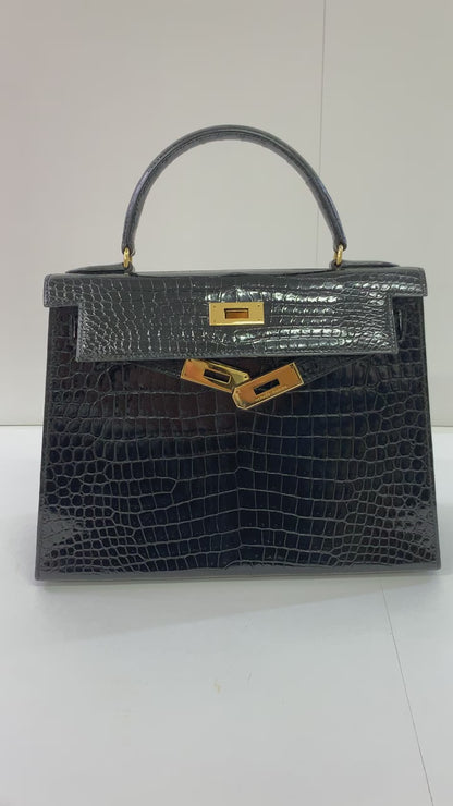 HERMES Kelly 28cm, Black, Porosas Leather, Gold Hardware