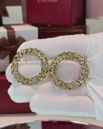 14k Yellow Gold Chain Hoop Diamond Earrings