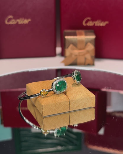 14k White Gold Emerald Halo Open Cuff Bangle