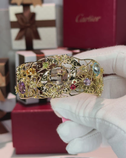 Assorted Color Stones Flower Vines 14k Yellow Gold Bangle