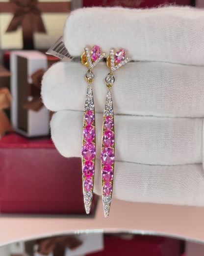 Pink Sapphire and Diamond 14k Yellow Gold Earrings