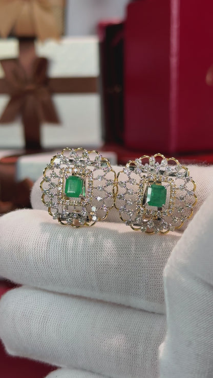 Emerald Halo 14k Yellow Gold Diamond Earrings