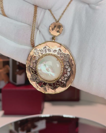 Mother of Pearl Filigree 14k Rose Gold Pendant Necklace