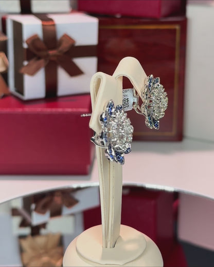 Diamond and Sapphire Flower 14k White Gold Earrings