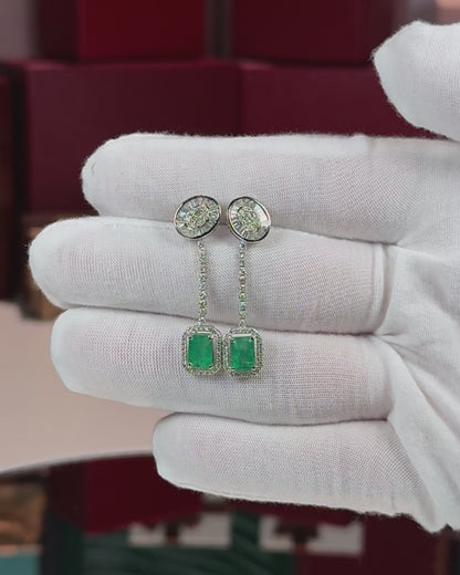 14k White Gold Emerald Drop Diamond Earrings