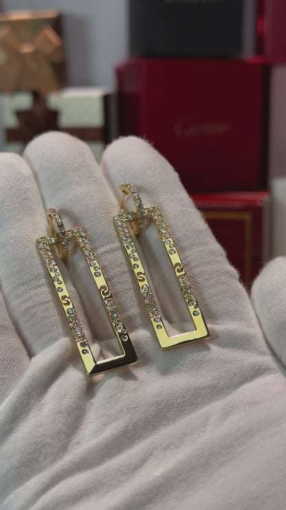Dangling Rectangle Diamond 14k Yellow Gold Earrings