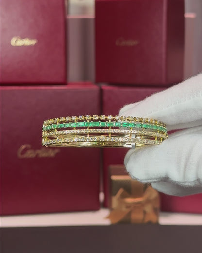 14k Yellow Gold Emerald and Diamond Layered Bangle