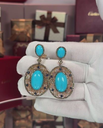 Turquoise and Sapphire 14k Rose Gold Filigree Earrings