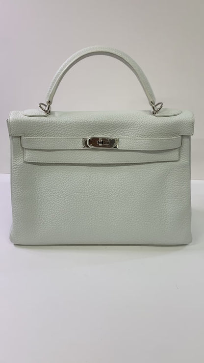 HERMES Kelly 32cm, White, Togo Leather, Palladium Hardware