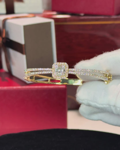 Square Halo Diamond 14k Yellow Gold Bangle