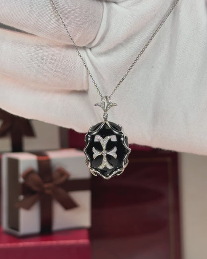 Onyx Templar Cross Pendant 14k White Gold Necklace