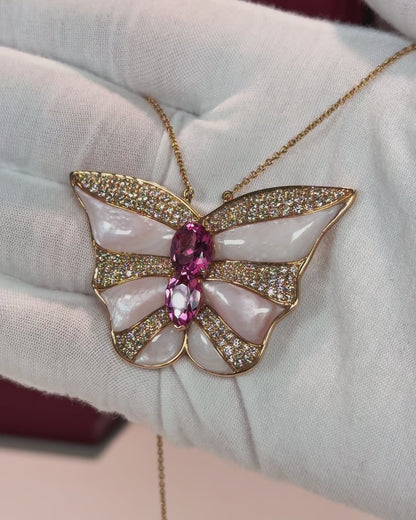 14k Rose Gold Pink Tourmaline and MoP Butterfly Diamond Pendant Necklace