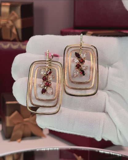 14k Rose Gold Garnet and Moonstone Rectangle Earrings
