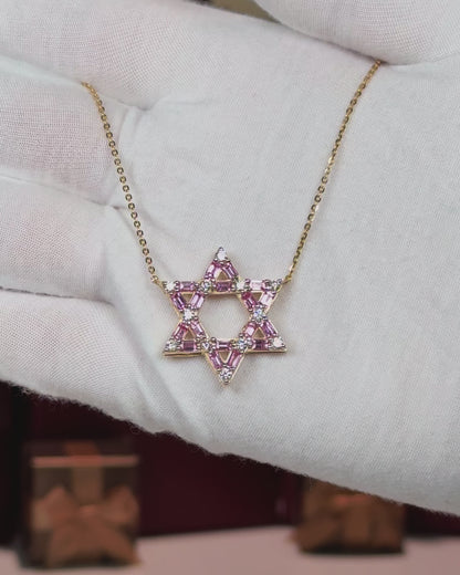 14k Yellow Gold Pink Star of David Pendant Necklace