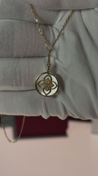 Mother of Pearl Floral Pattern 14k Yellow Gold Pendant Necklace
