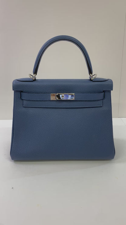 HERMES Kelly 28cm, Navy Blue, Togo Leather, Palladium Hardware