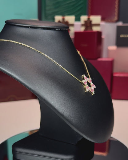 14k Yellow Gold Pink Star of David Pendant Necklace