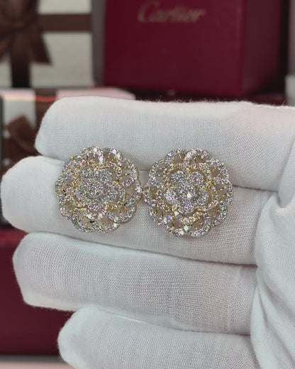 14k Yellow Gold Diamond Flower Earrings