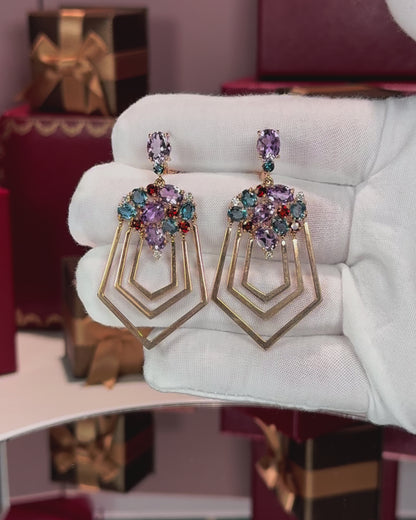 14k Rose Gold Assorted Colorstones Polygon Earrings