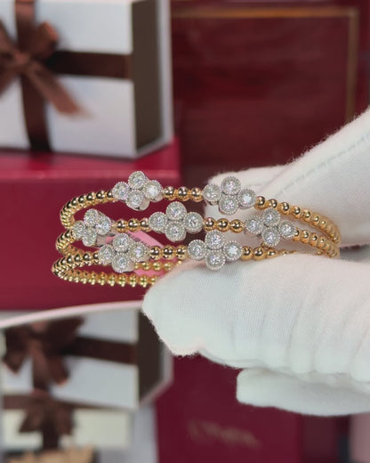 14k Yellow Gold Three Layer Diamond Clover Bangle