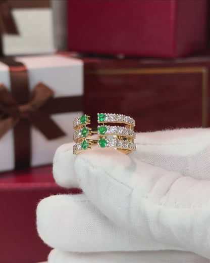 Emerald and Diamond Triple Layer Open 14k Yellow Gold Ring
