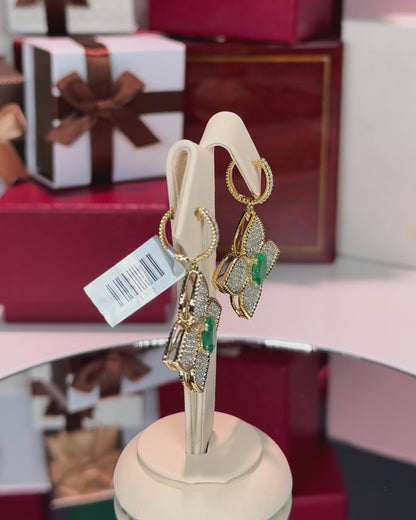 Diamond and Emerald Flower 14k Yellow Gold Earrings
