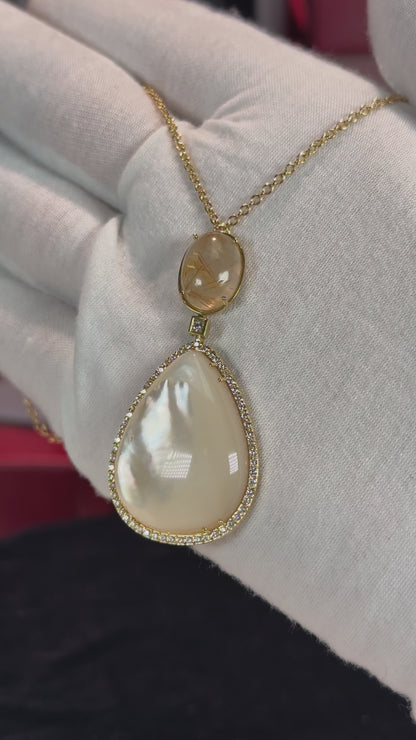 Gold Rutile Quartz and Mother of Pearl 14k Yellow Gold Pendant Necklace