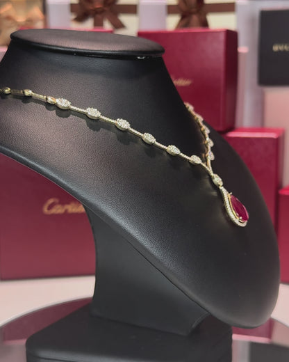 14k Yellow Gold Pear Shape Ruby Drop Diamond Necklace