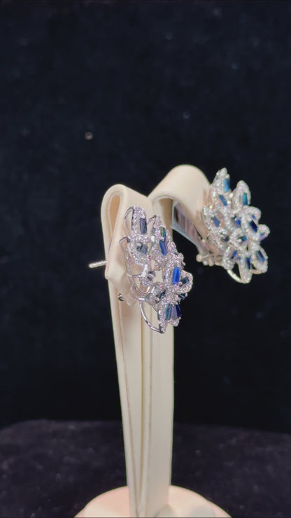 Sapphire Layered Leaves 14k WhiteGold Diamond Earrings