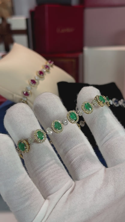 Emerald and Diamond 14k Yellow Gold Halo Bracelet