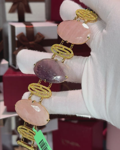 Amethyst and Rose Quartz Stretch 14k Yellow Gold Bracelet