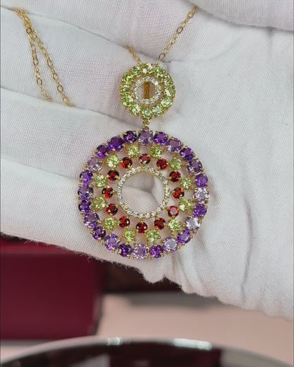14k Yellow Gold Colorful Gemstones Pendant Necklace