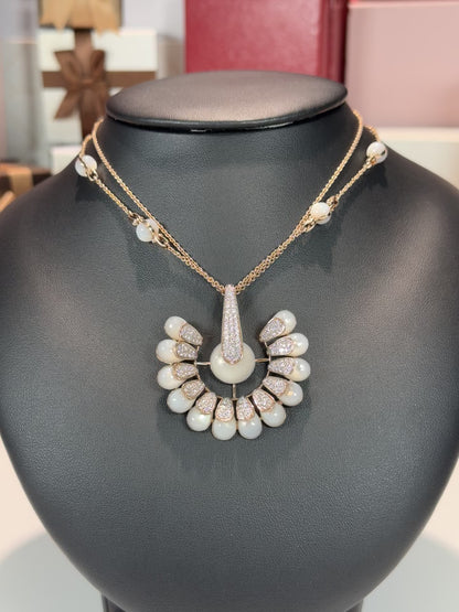 Peacock Tail Design 14k Rose Gold Moonstone Diamond Necklace