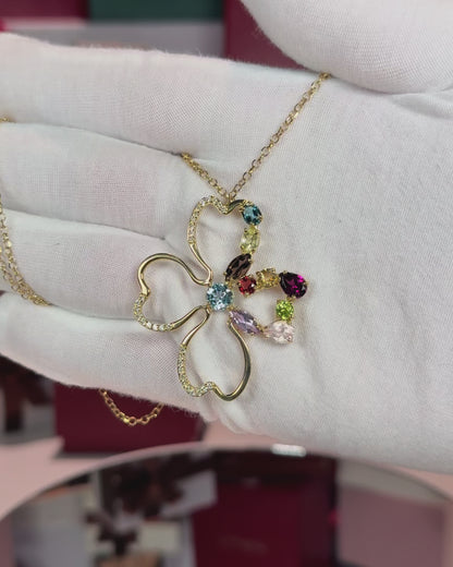 Assorted Colorstones Four Leaf Clover Design 14k Yellow Gold Pendant Necklace