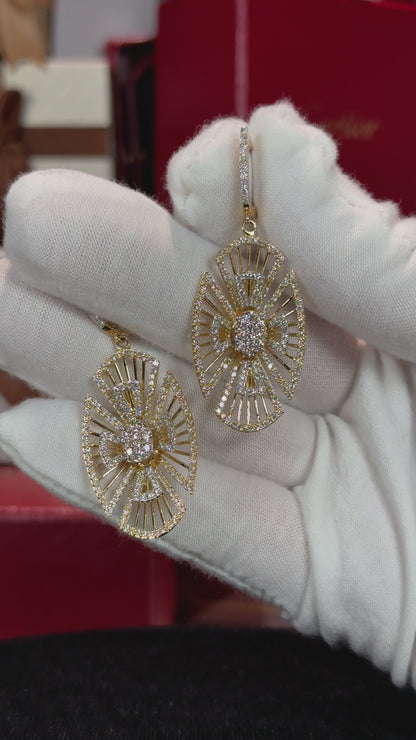 Oval Geometric Design Floral Diamond 14k Yellow Gold Earrings