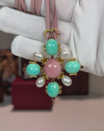 Turquoise and Pearl 18k Yellow Gold Pendant