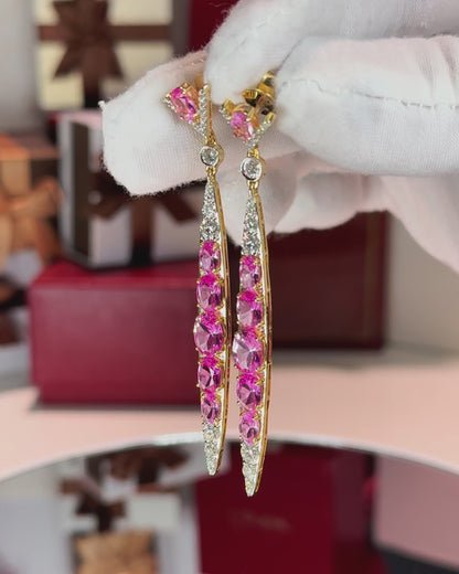 Pink Sapphire and Diamond 14k Yellow Gold Earrings