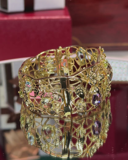 Assorted Color Stones Flower Vines 14k Yellow Gold Bangle