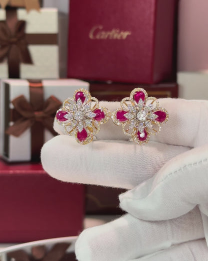 Diamond and Ruby Flower 14k Yellow Gold Earrings