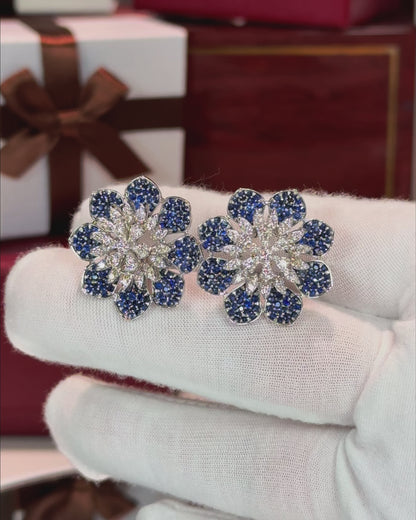 Diamond and Sapphire Flower 14k White Gold Earrings