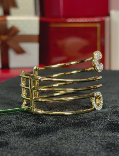 Three Wrap Safety Pin 18k Yellow Gold Diamond Bangle