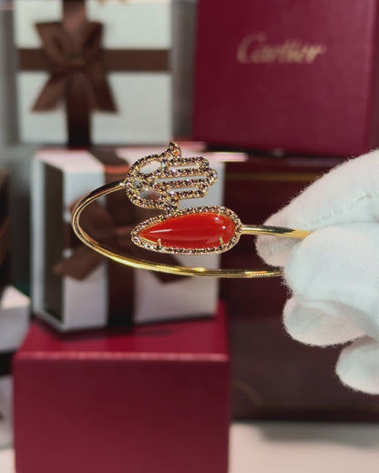 14k Yellow Gold Red Agate and Hand Diamond Bypass Bangle