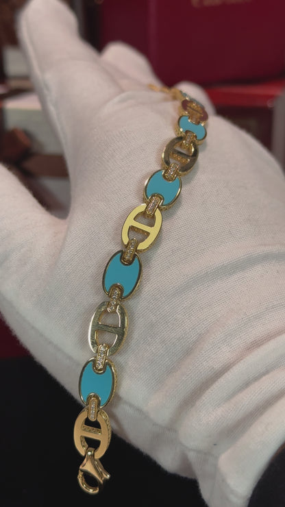 Blue Enamel Link Design 14k Yellow Gold Bracelet