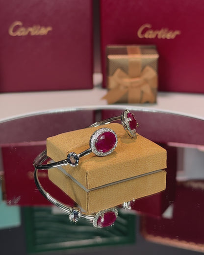 14k White Gold Ruby Halo Open Cuff Bangle