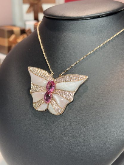 14k Rose Gold Pink Tourmaline and MoP Butterfly Diamond Pendant Necklace